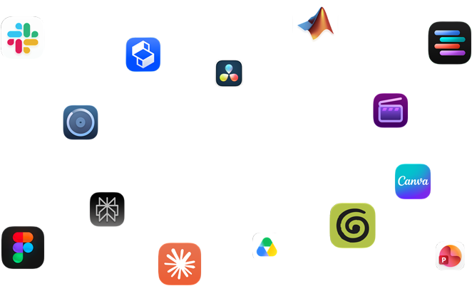 Verschiedene App Symbole sind angeordnet um den Text: Mit macOS fliegen deine Apps