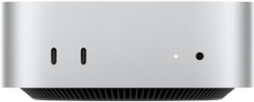 Mac mini, Vorderseite, zwei Thunderbolt Anschlüsse, Statusanzeige und Kopfhöreranschluss, schmal zulaufende Basis unten, flache Oberseite, gerundete Ecken, gerade Kanten, Farbe Silber