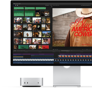 Der Mac mini mit Studio Display, das Display zeigt einen Vorspann eines Films namens Black American Cowboy auf der rechten Seite sowie mehrere Standbilder auf der linken Seite