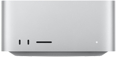 Mac Studio, Vorderseite, zwei USB‑C Anschlüsse, SDXC Kartensteckplatz, Statusanzeige, nach unten zulaufende Basis, flache Oberseite, gerundete Ecken, gerade Kanten, Farbe Silber, Mac Studio, Rückseite, Aluminiumgehäuse mit perforierten Belüftungsöffnungen, vier Thunderbolt 5 Anschlüsse, ein Ethernet Anschluss, ein Netzanschluss, zwei USB‑A, ein HDMI, ein Kopfhöreranschluss und Ein‑/Ausschalter
