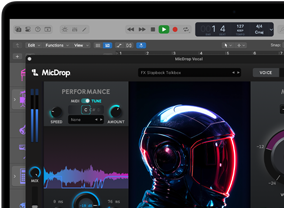 Bildschirminhalt, der die MicDrop Software mit KI Features beim Bearbeiten einer Sprachaufnahme auf einem MacBook Pro zeigt