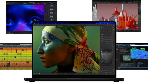 Verschiedene bunte Inhalte auf dem Display aus Apps für Musikproduktion, Videoschnitt, 3D Animation und Fotobearbeitung auf dem Mac, die eine leistungsstarke Grafikperformance demonstrieren