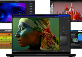 Verschiedene bunte Inhalte auf dem Display aus Apps für Musikproduktion, Videoschnitt, 3D Animation und Fotobearbeitung auf dem Mac, die eine leistungsstarke Grafikperformance demonstrieren