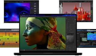 Verschiedene bunte Inhalte auf dem Display aus Apps für Musikproduktion, Videoschnitt, 3D Animation und Fotobearbeitung auf dem Mac, die eine leistungsstarke Grafikperformance demonstrieren