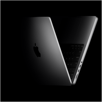 MacBook Pro in V-Form positioniert, Verweis auf den M5 Chip