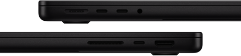 Die Anschlüsse des MacBook Pro werden gezeigt – linke Seite: MagSafe 3, zwei Thunderbolt Anschlüsse und Kopfhöreranschluss – rechte Seite: SDXC Kartensteckplatz, ein Thunderbolt Anschluss und HDMI