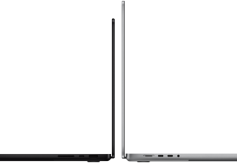 14" und 16" MacBook Pro Geräte stehen mit den Rückseiten zueinander, um den Größenunterschied und das schmale Profil zu verdeutlichen