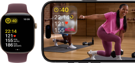 Apple Watch neben einem iPhone mit Apple Fitness+ Kurs auf dem Display