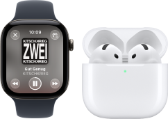 Apple Watch Series 12, Aluminiumgehäuse, Farbe Schwarz, Sportarmband in Schwarz, Apple Music App geöffnet, gekoppelt mit AirPods 4