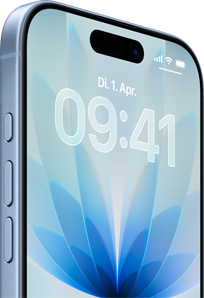 iPhone 17, Vorderansicht, Farbe Nebelblau, Dynamic Island mittig, Tasten: Actiontaste, Lautstärke