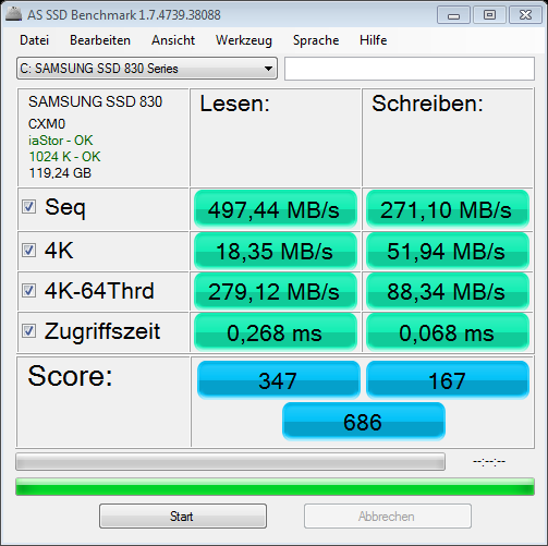 Die werte der 830er Samsung EVO im AS SSD Benchmark