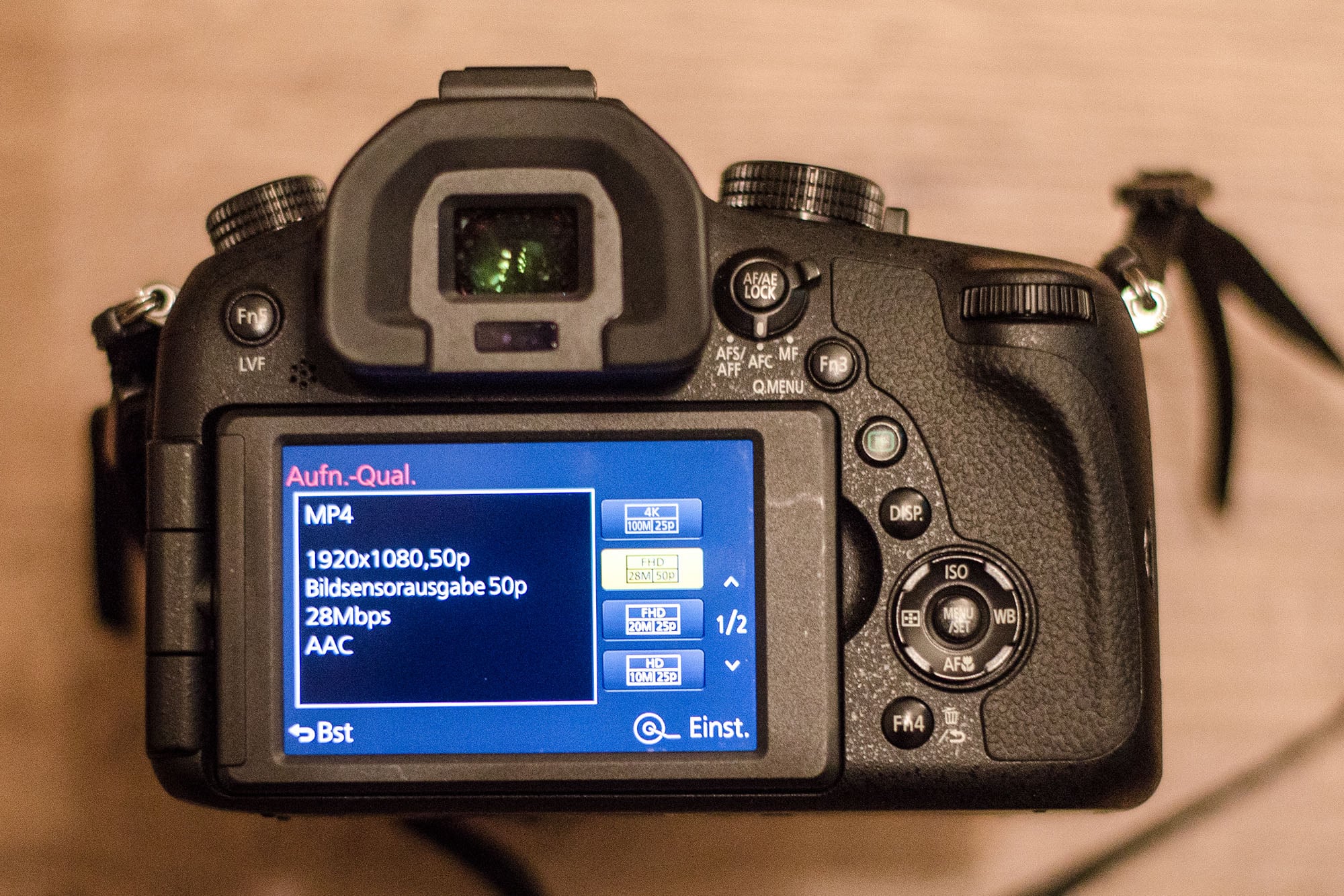 Lumix Kamera Display zeigt einstellungen vom Video Setup