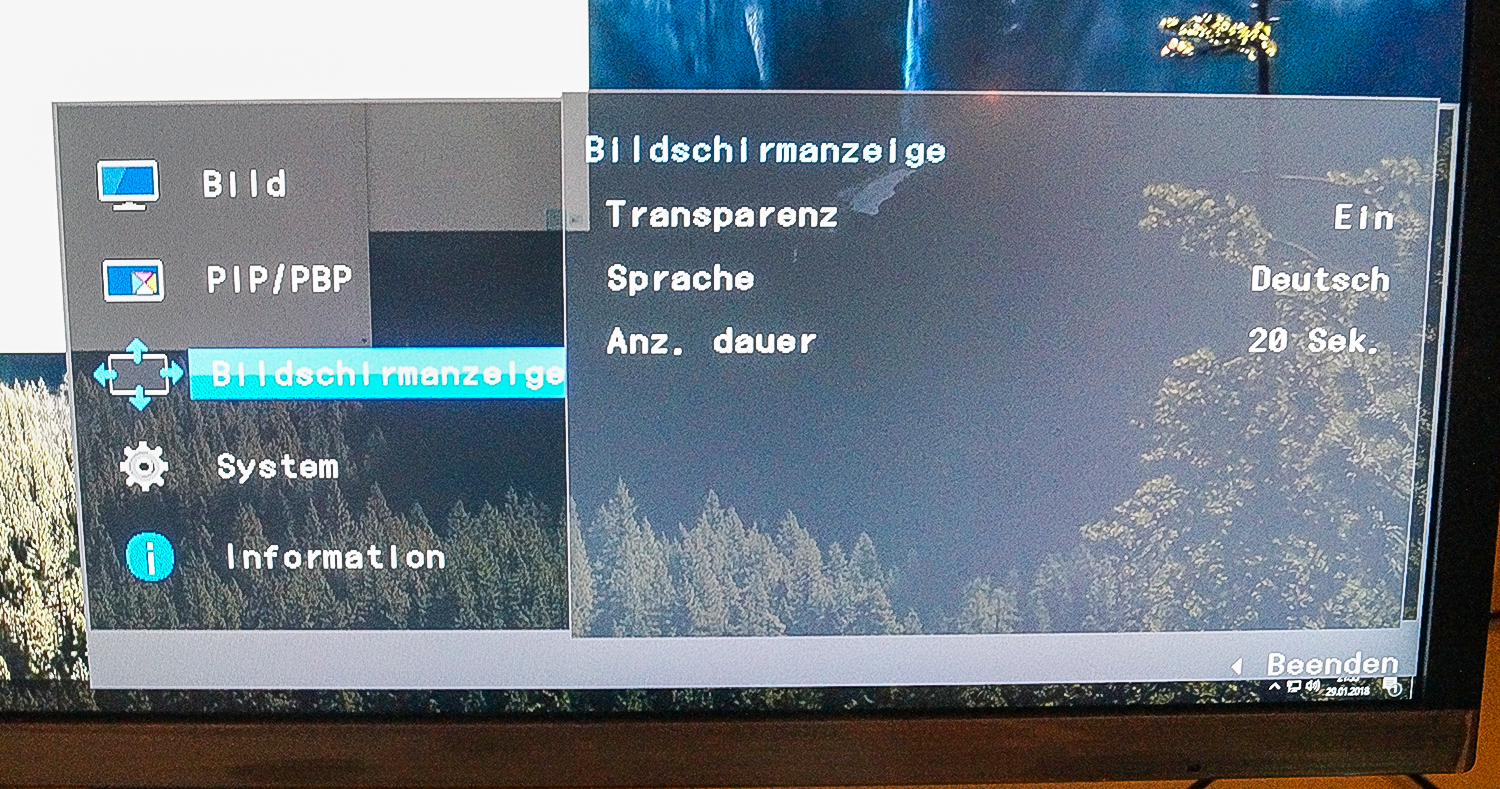 Anzeigeoptionen des Menüs