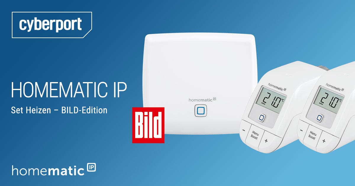 Banner Homeatic IP Heizen mit Bild Edition zweigt zwei Heizkörperthermostate und ein Smart Home Gerät