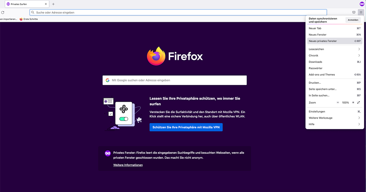 Inkognito-Modus Firefox