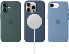 Verschiedenes iPhone MagSafe Zubehör. iPhone 16 Silikon Case mit MagSafe, Seegrün, iPhone 16 Pro Silikon Case mit MagSafe, Denim, mit MagSafe Ladegerät verbunden, Weiß, iPhone 16e Silikon Case, Winterblau